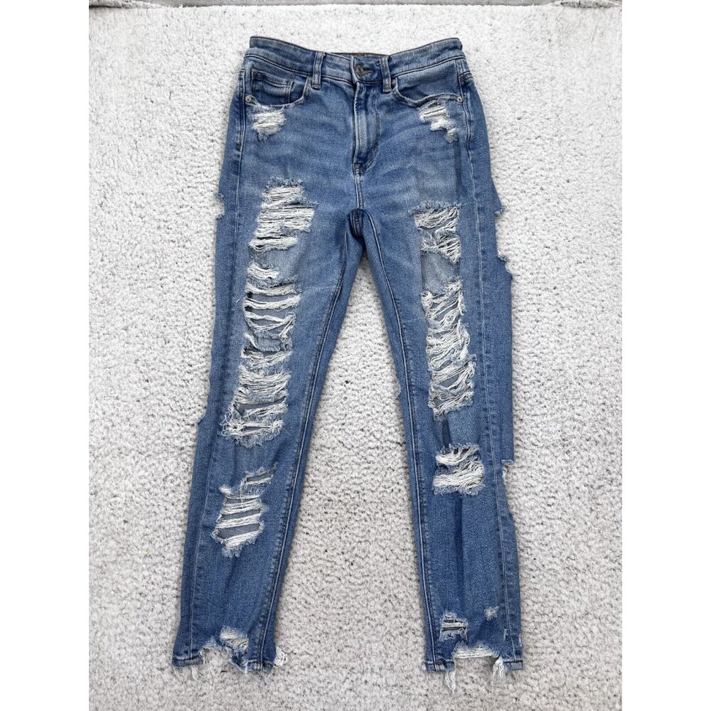 Women's American Eagle Light Wash Distressed Destroyed Denim Mom Jeans Size 4 - Picture 2 of 14